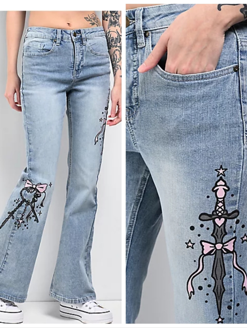 Empyre Glimmer Blossom Mid Rise Flare Jeans Light Wash Women's 6 Alt Graphics